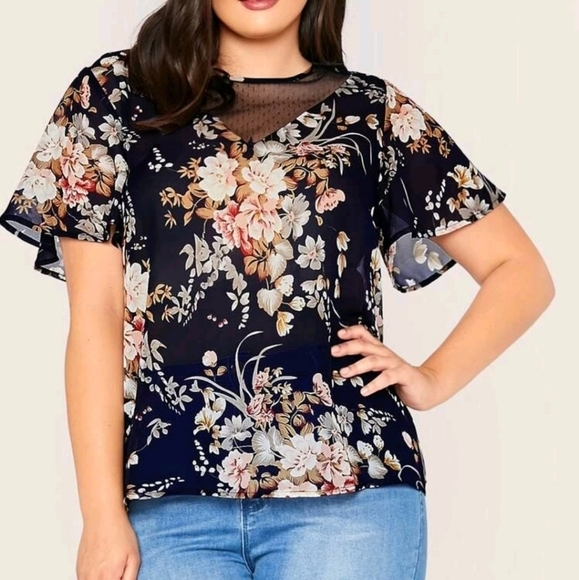 SHEIN Tops - SHEIN Women's Mesh Insert Floral Print Tunic NWOT